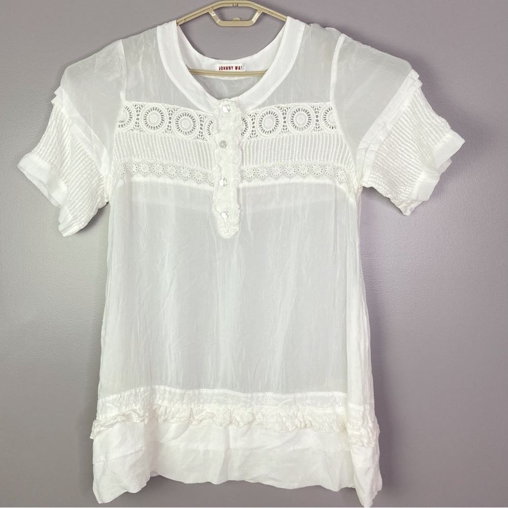 Johnny Was White Blouse Semi-Sheer Crochet Lace Short Sleeves Buttons Size Large